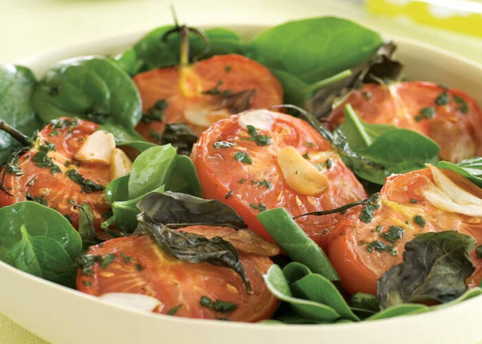 Roasted Tomatoes with Baby Spinach Pesto